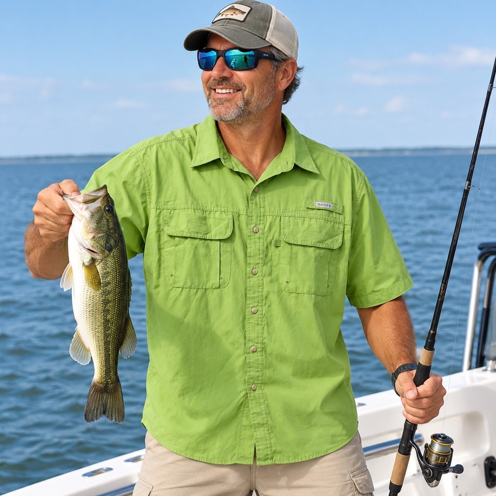 Bass Mens Fishing Shirt Large Lime Green Short Sleeve Ventilated Button Up L/G